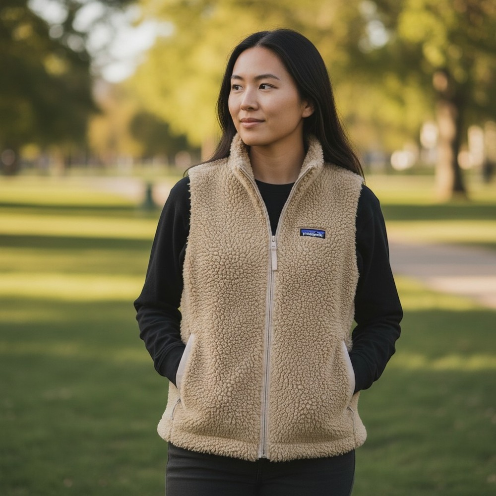 Patagonia Womens XL Los Gatos Fleece Vest Tan Full Zip Outdoor Hiking Layering